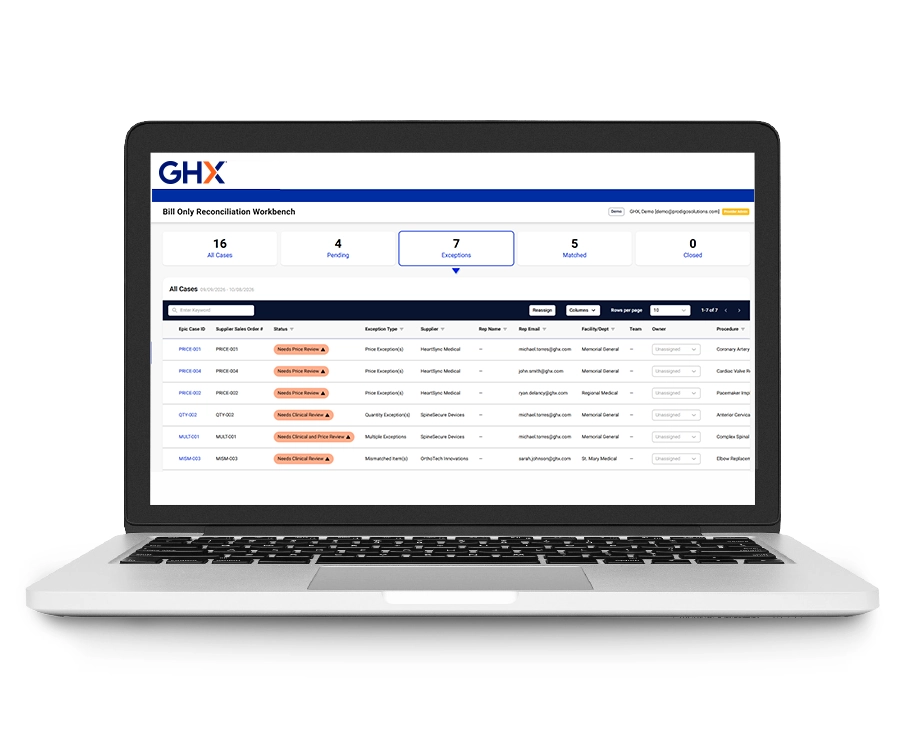 Laptop displaying the GHX bill-only reconciliation workbench